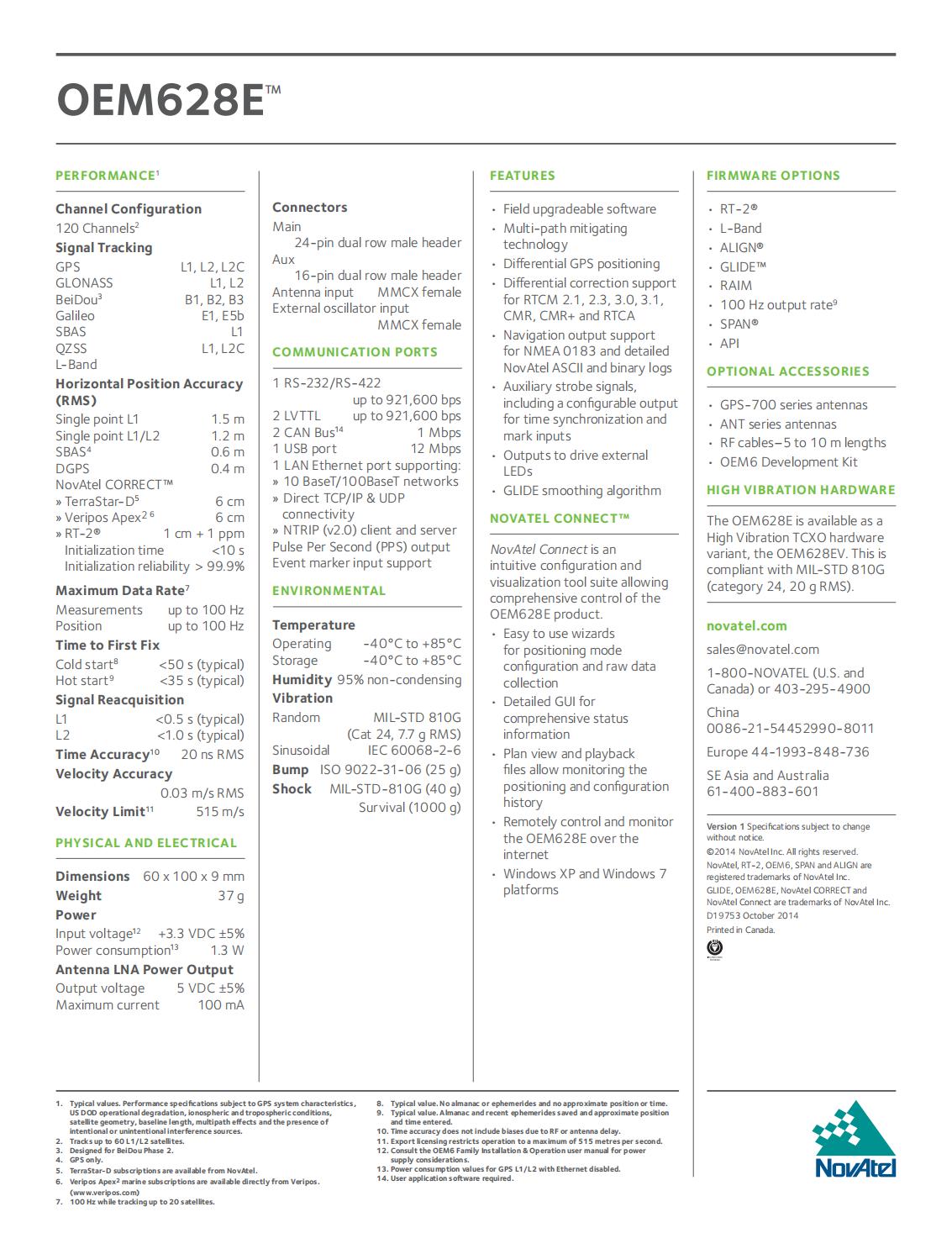 全系統(tǒng)NovAtel OEM628板卡接收機